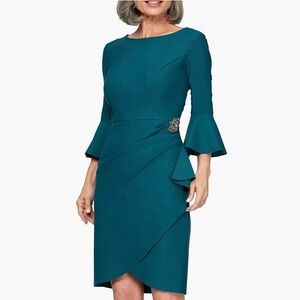 Alex Evenings $239 Teal Ruffle Embellished  Cocktail Party‎ Dress Bell Sleeve 12